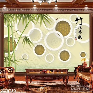 Tranh 3d  trang trí hàng tre xanh trên mặt nước lấp lánh