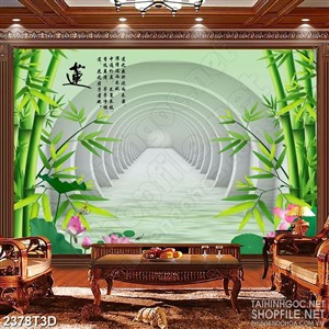 Tranh 3d dán tường cây tre xanh và sen trên hồ cá chép psd