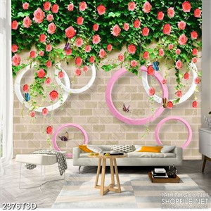 Tranh 3d treo tường hoa hồng dây leo và đàn bướm xinh
