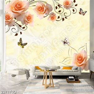 Tranh 3d  trang trí bông hoa hồng bên chú bướm vàng psd