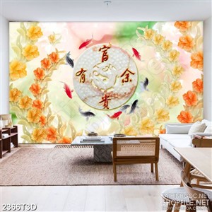 Tranh 3d dán tường đàn cá chép vàng bên chữ hán giả ngọc