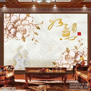 Tranh 3d dán tường bông hoa giả ngọc trên hồ thiên nga