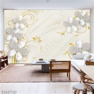 Tranh 3d dán tường hoa trắng đính ngọc trai bên hoa văn