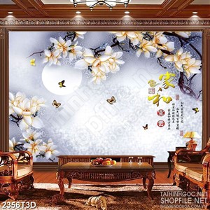 Tranh 3d treo tường bông hoa mộc lan trên cành bên trăng