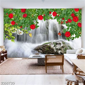 Tranh 3d  trang trí hoa hồng leo bên thác nước trắng xóa