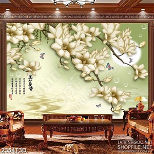 Tranh 3d dán tường cành mộc lan và đàn bướm bên trăng