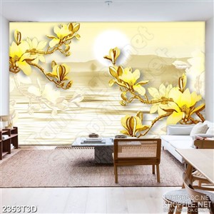 Tranh 3d nghệ thuật những hoa mộc lan dáp vàng dưới trăng