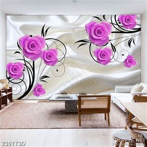 Tranh 3d  trang trí những bông hoa hồng màu tím khoe sắc
