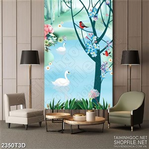 Tranh 3d dán tường đàn chim hót vang trên hồ thiên nga