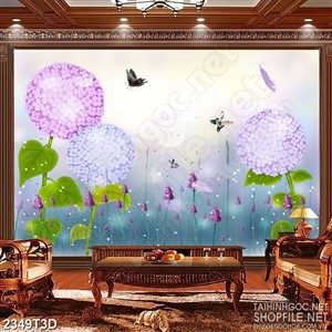 Tranh 3d nghệ thuật khu vườn hoa cẩm tú cầu và đàn bướm