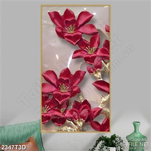 Tranh 3d  trang trí cành hoa mộc lan nở khoe sắc đỏ thắm