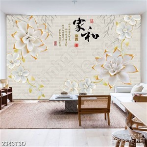Tranh 3d  trang trí bông hoa trắng giả ngọc bên chữ hán