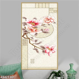 Tranh 3d dán tường cành hoa mộc lan khoe sắc đỏ rực rỡ