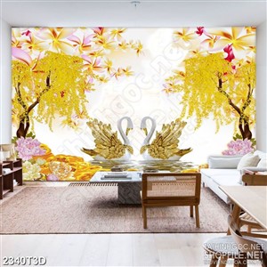 Tranh 3d treo tường đôi thiên nga dáp vàng bên hàng liễu