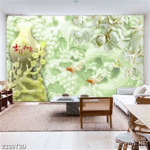 Tranh 3d  trang trí cành hoa đào nở rộ bên bình giả ngọc