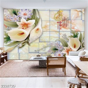 Tranh 3d dán tường những chùm hoa giả ngọc và chữ hán
