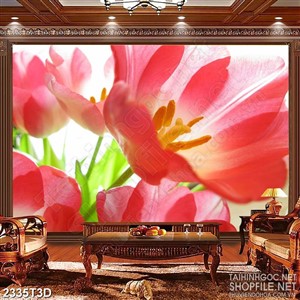 Tranh 3d  trang trí những bông hoa tulip khoe sắc đỏ rực