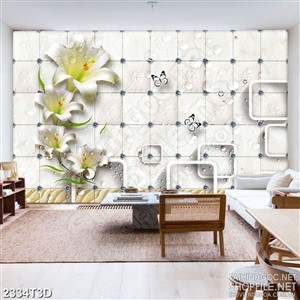 Tranh 3d dán tường bông hoa ly trắng bên đàn bướm xinh