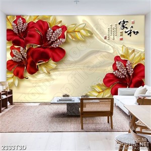 Tranh 3d nghệ thuật bông hoa dâm bụt dáp vàng trên nền lụa