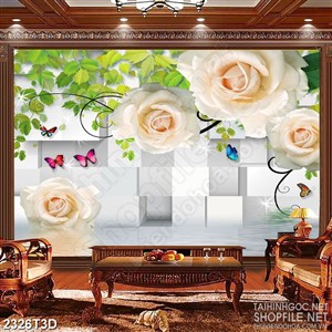 Tranh 3d dán tường bông hoa hồng trắng và đàn bướm xinh