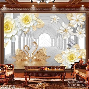 Tranh 3d  trang trí cành hoa trắng nở rộ trên hồ thiên nga