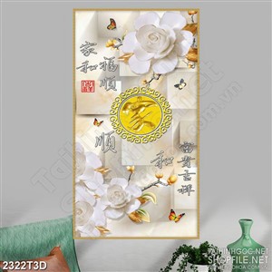 Tranh 3d dán tường bông hoa trắng khoe sắc bên chữ hán