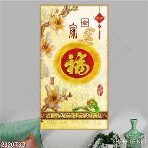 Tranh 3d treo tường bông hoa mộc lan bên chữ hán giả ngọc