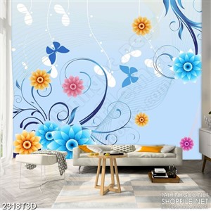 Tranh 3d dán tường bông mẫu đơn bên đàn bướm xanh