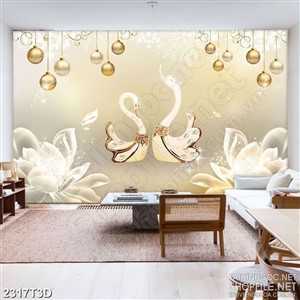 Tranh 3d nghệ thuật những cánh hoa phù du và thiên nga