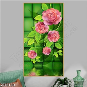 Tranh 3d treo tường bông hoa hồng nhung và lá xanh