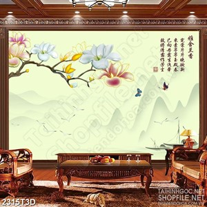 Tranh 3d  trang trí cành hoa mộc lan trên sông dưới núi