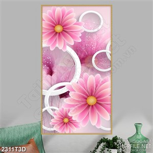 Tranh 3d  trang trí bông hoa cúc khoe sắc bên ô hình tròn