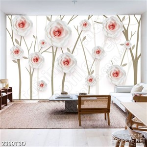 Tranh 3d nghệ thuật cánh rừng già mọc đầy bông hồng