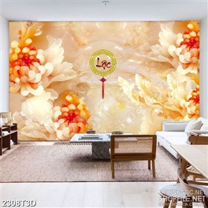Tranh 3d treo tường bông hoa cúc bên chữ lộc giả ngọc