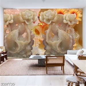 Tranh 3d  trang trí đôi cá chép bên hoa sen trắng giả ngọc