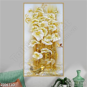Tranh 3d dán tường hồ cá chép và những bông hoa giả ngọc
