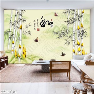 Tranh 3d nghệ thuật những bụi tre dáp vàng bên đàn bướm