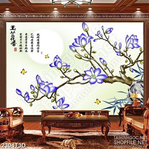 Tranh 3d treo tường cành hoa mộc lan tím trên thân cây già