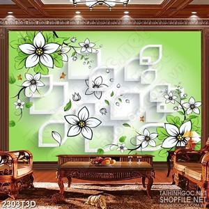 Tranh 3d  trang trí những bông hoa trắng bên chiếc lá xanh