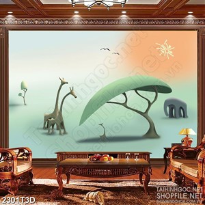 Tranh 3d nghệ thuật khu rừng cây xanh và muôn thú giả ngọc