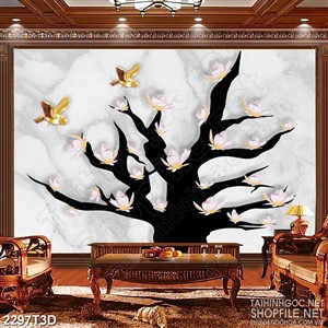 Tranh 3d nghệ thuật thân cây lớn mọc đầy hoa trong rừng