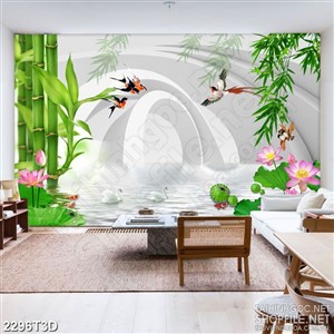 Tranh 3d treo tường hàng tre xanh trên hồ sen và đàn chim