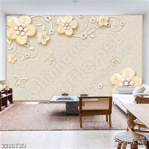 Tranh 3d dán tường bông hoa vàng và đàn bướm giả ngọc