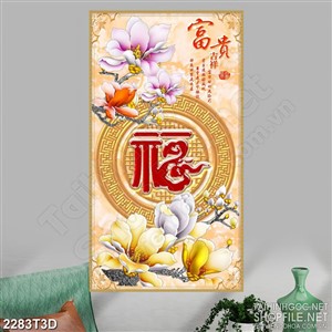 Tranh 3d  trang trí cành hoa mộc lan nở rộ khoe sắc đỏ