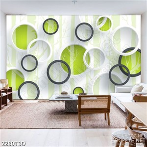 Tranh 3d treo tường khu rừng xanh trọc lá và ô hình tròn