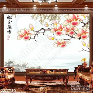 Tranh 3d nghệ thuật cành hoa đào trên sông bên ánh trăng