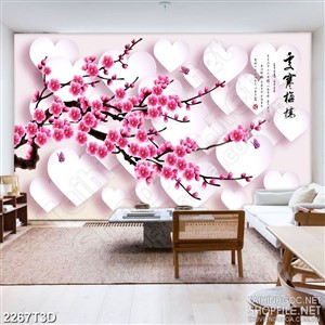 Tranh 3d  trang trí cành hoa đào nở rộ khoe sắc đỏ thắm