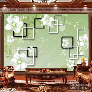 Tranh 3d treo tường bông hoa đại trắng và ô hình vuông