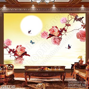 Tranh 3d nghệ thuật những bông hoa hồng bên trăng vàng