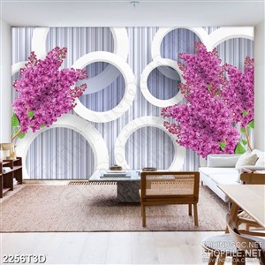 Tranh 3d treo tường bó hoa màu tím và những ô hình tròn